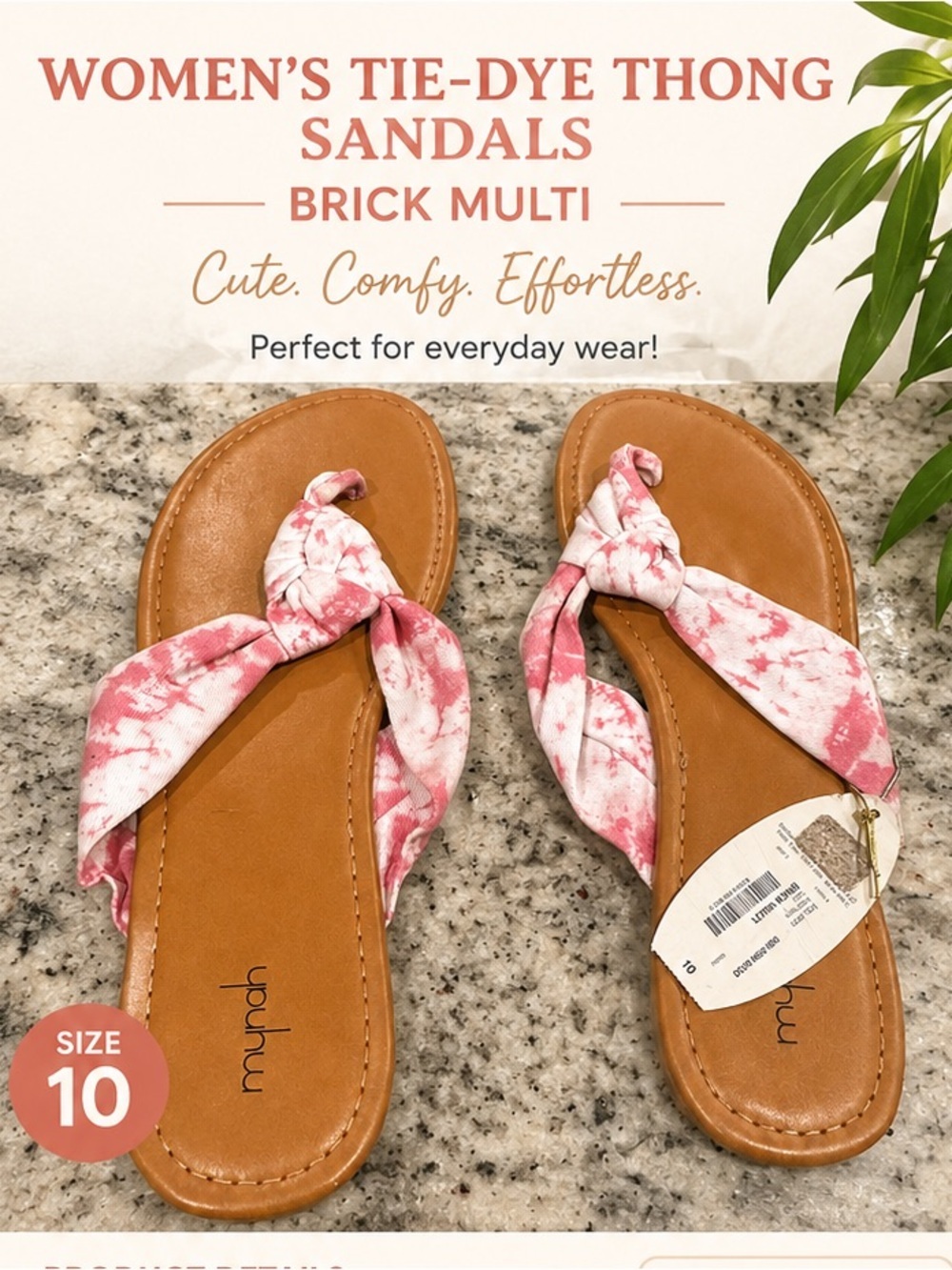 jcpenney Pink Tie-Dye Knot Thong Sandals with Tan Footbed SIZE 10